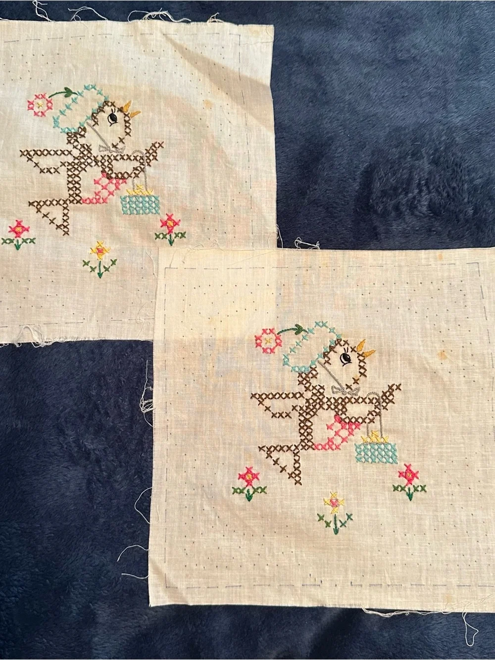Vintage Whacky Birds Hand-Embroidered Cotton 9x9 Baby Quilt Blocks - 12 Complete